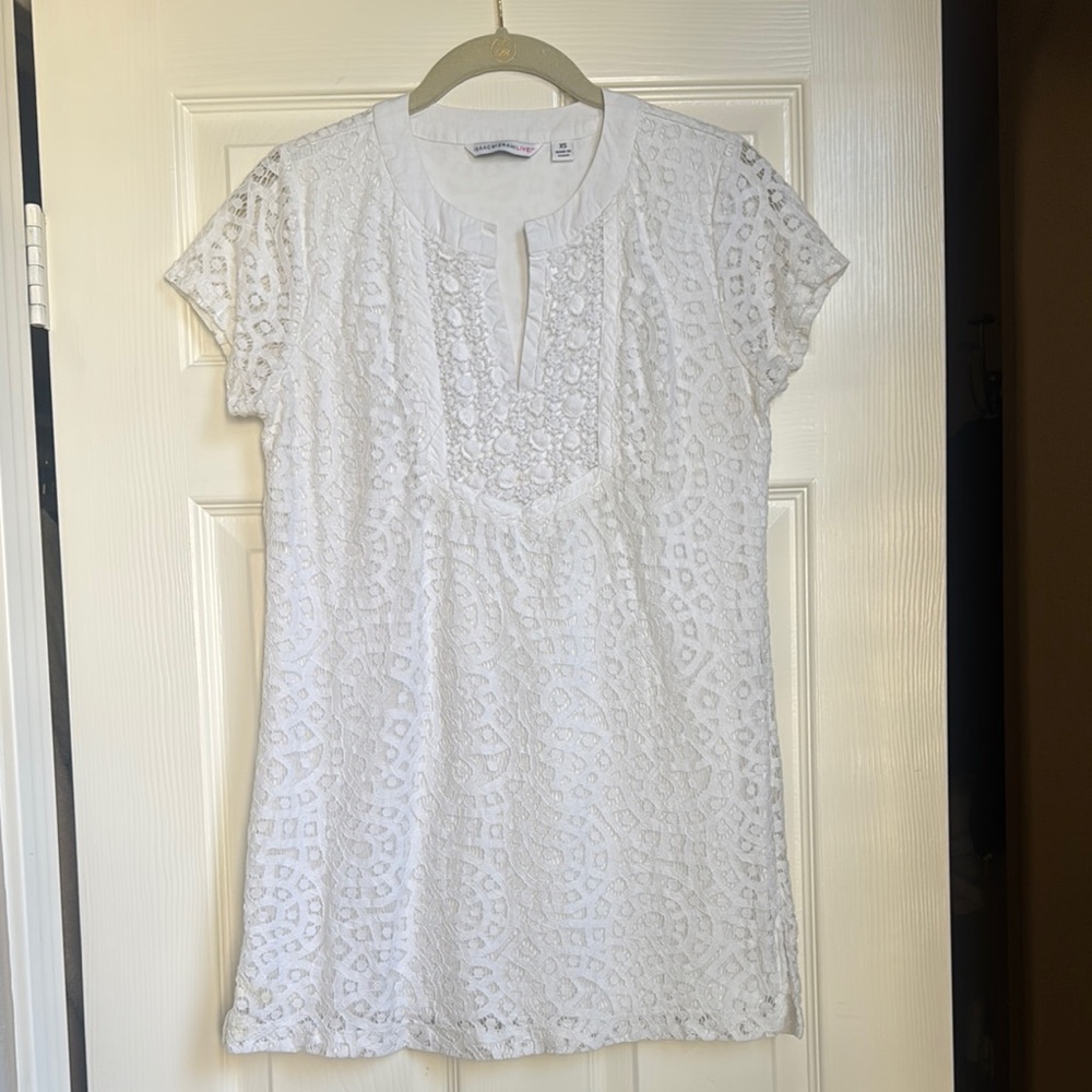 Isaac Mizrahi Live! Split Neck Lace Short Sleeve Top